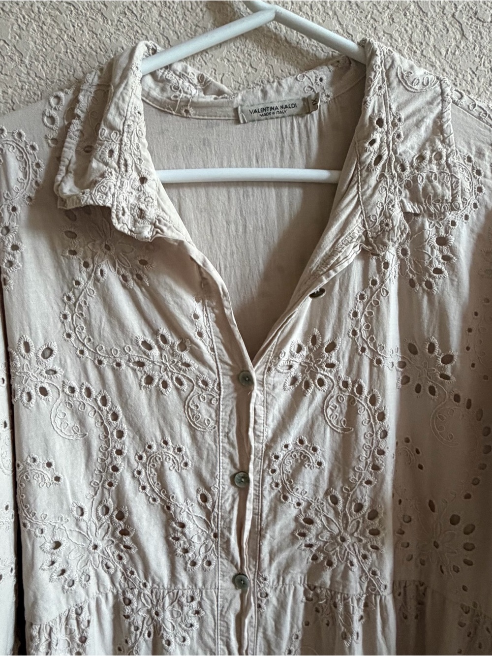 Valentina Naldi Women’s 1X Tan Eyelet Embroidered Midi Shirt Dress Made in Italy - Picture 3 of 10